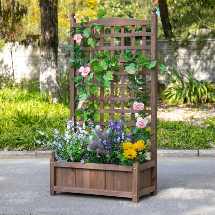 Outsunny Raised Garden Bed With Trellis For Climbing Vines, Wood Garden Planter Box, Free Standing Flower Pot, Indoor & Outdoor Display Rack, Brown