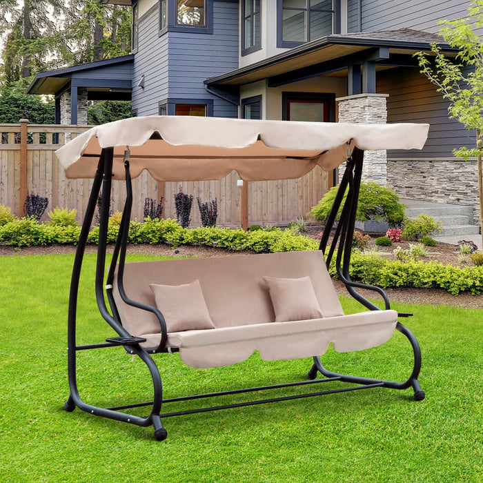 Outsunny 3-seat Outdoor Patio Swing Chair, Converting Flat Bed, Canopy Swing With Adjustable Shade, Removable Cushions, Cup Holder, Light Brown