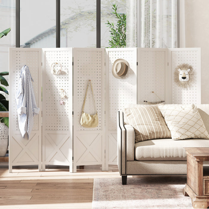 HOMCOM 56.9\" 6 Panel Room Divider with Pegboard Display for Indoor White