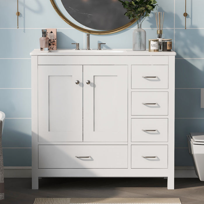 Derek 36 Inch Modern Bathroom Vanity with Ceramic Sink & Multi Storage, White