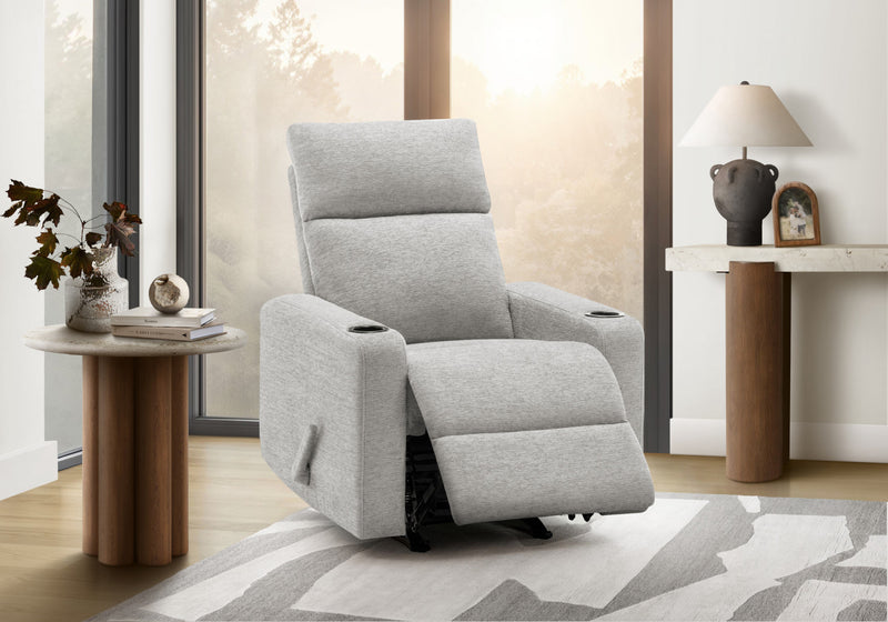 Upholstered Small Reclining Chair, Manual Rocker, Cup Holders. Light Grey Fabric Recliner
