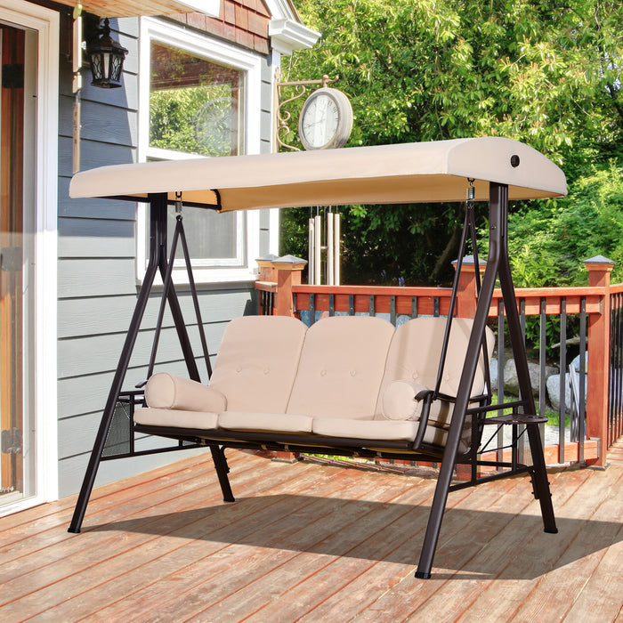 Outsunny 3 Seater Porch Swing Heavy Duty Outdoor Swing Chair Outdoor Lounge Hammock Cushioned Seat W/ Tilt Canopy, Beige