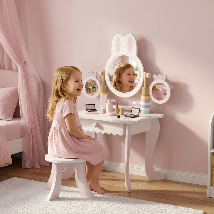 Qaba Kids Vanity Set, Kids Makeup Vanity Table and Chair with Triple Mirrors and 5 Pcs Accessories, Toddler Dressing Table with Drawer, Pretend Makeup Playset for Girls 3+, Pink