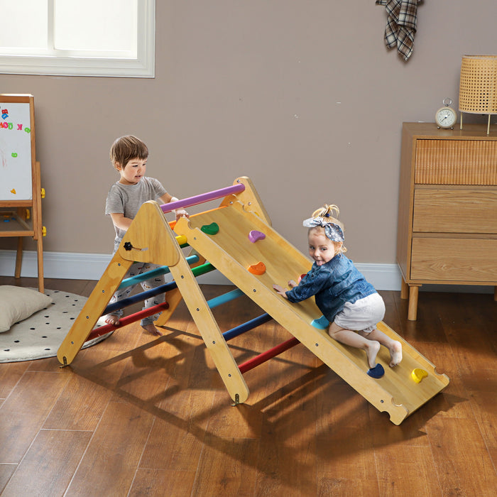 Qaba Pikler Triangle Set, Climbing Toys For Toddlers With Ramp, 3 In 1 Climbing Toys Indoor Baby Jungle Gym For 18-48 Months, Multicoloured