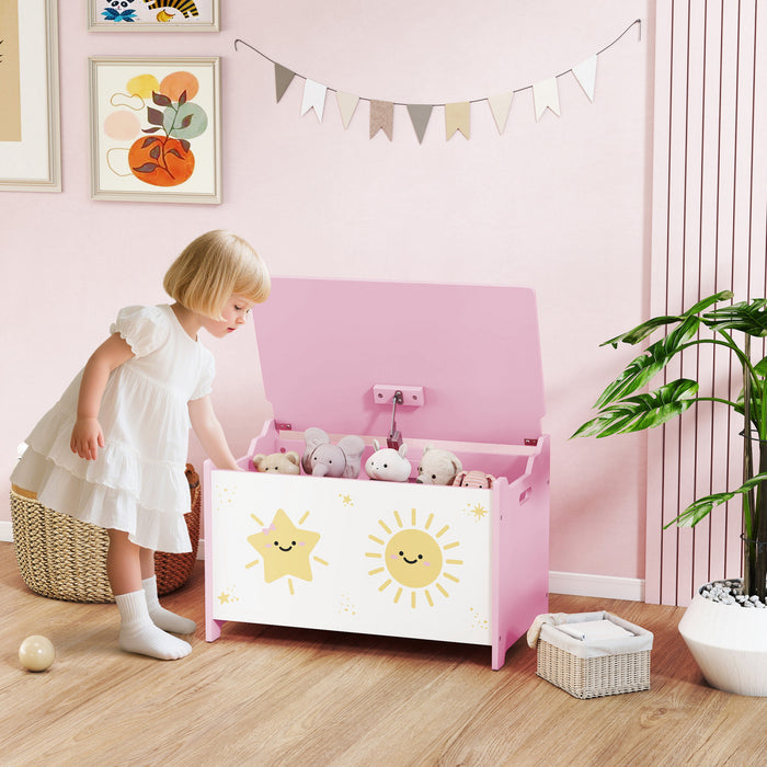 Qaba Toy Box, Kids Storage Chest With Lid, Safety Hinges And Groove Handles, Toy Storage Organizer For Boys, Girls, Pink