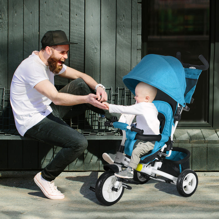 Qaba 6 In 1 Toddler Tricycle, Kids Trike With Foldable Canopy, Removable Parent-push Handle And Cover, Storage Basket, 5-point Safety Belt, For Child 1-5 Years, Blue
