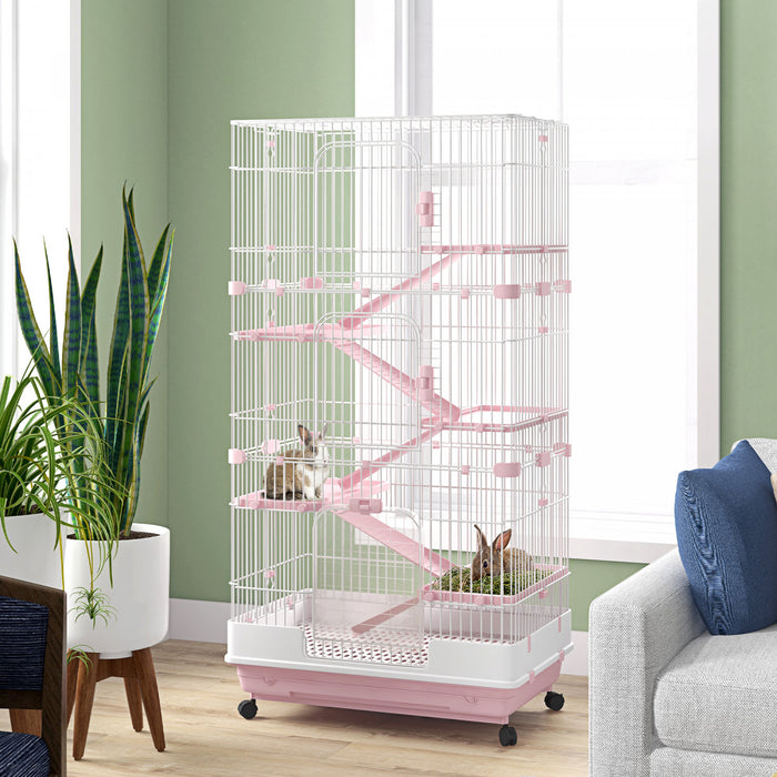 Pawhut 63\"h 6-level Small Animal Cage Rabbit Hutch With Universal Lockable Wheels, Slide-out Tray For Bunny, Chinchillas, Ferret, Pink