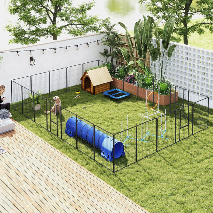 PawHut Dog Playpen, 31.5\" W Heavy-Duty Metal Puppy Play Pen, Pet Exercise Fences for Outside and Indoor, DIY Design with Door for Multiple Dogs, 24 Panels, 39\" H