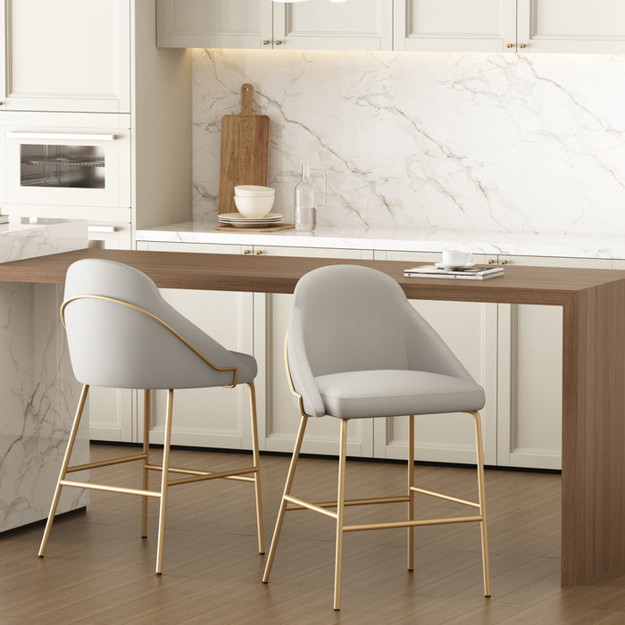 Gracie Modern Metal Upholstered Counter Stool in Stone Gray and Gold - Set of 2