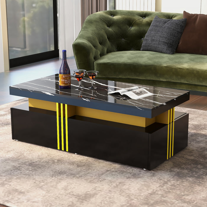 Noah Modern Coffee Table with Marble Pattern Top and Storage Drawers,Black