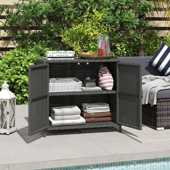 Outsunny Wicker Outdoor Storage Cabinet with 2 Magnetic Doors, Dark Grey