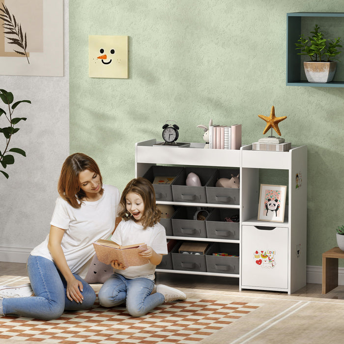 Qaba Toy Storage Organizer, Kids Bookshelf With 9 Non-woven Fabric Boxes, Storage Cabinet & Shelves, Toy Shelf For Kids Room, Nursery, Playroom, White