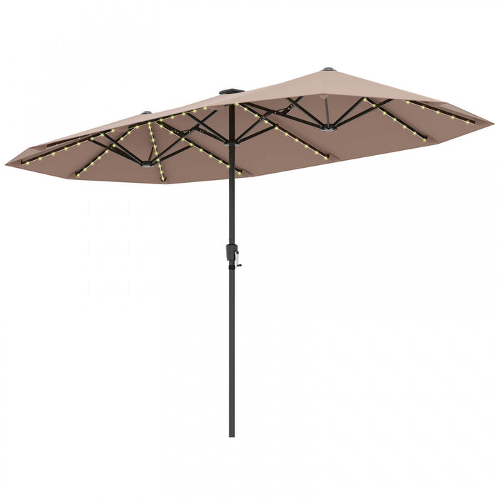 Costway 13 FT Large Patio Umbrella with LED Solar Lights Crank Handle 12 Heavy-Duty Ribs Brown