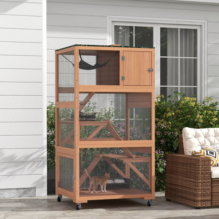 Pawhut 66\"h Catio On Brake Wheel, Indoor Outdoor Cat Enclosure Cage With Weatherproof Roof Hammock Multiple Platforms Resting Condo Ramps Lockable Doors, For 1-3 Cats, Orange