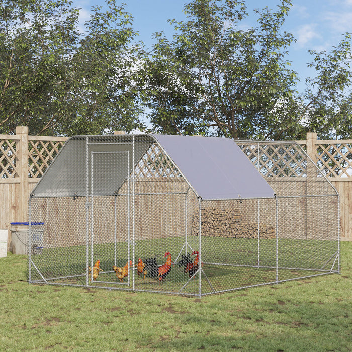 Pawhut Galvanized Large Metal Chicken Coop Cage Walk-in Enclosure Poultry Hen Run House Playpen Rabbit Hutch With Cover For Outdoor Backyard 9.2' X 12.5' X 6.5' Silver