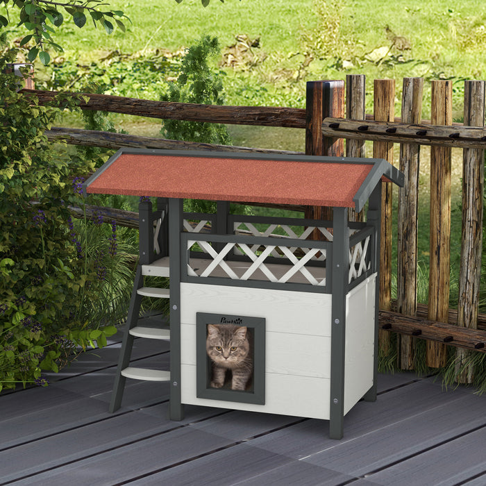 Pawhut Outdoor Cat House, 2-story Shelter For Feral Cats, Wooden Kitten Condo With Asphalt Roof, Stairs, Balcony, 30\" X 20\" X 29\", White