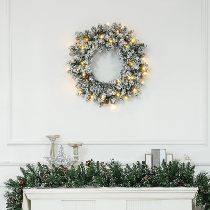 Homcom 24\" Pre-lit Christmas Wreath With Pine Cones And Red Berries Green