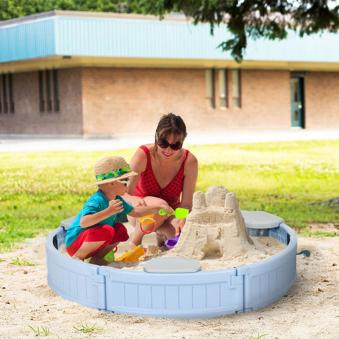 Kids Sandbox With Cover, Sandbox Outdoor With Corner Seat, Easy Assembly, Sand Play Station For Backyard, Garden, 48.4\" X 48.4\" X 8.9\", Light Blue