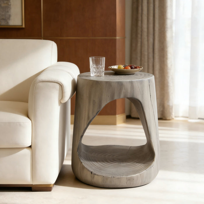 Elio 16.75\" Rustic Hollow Tree-Stump MGO Accent Table, Pet-Friendly Indoor Side Table, Grey
