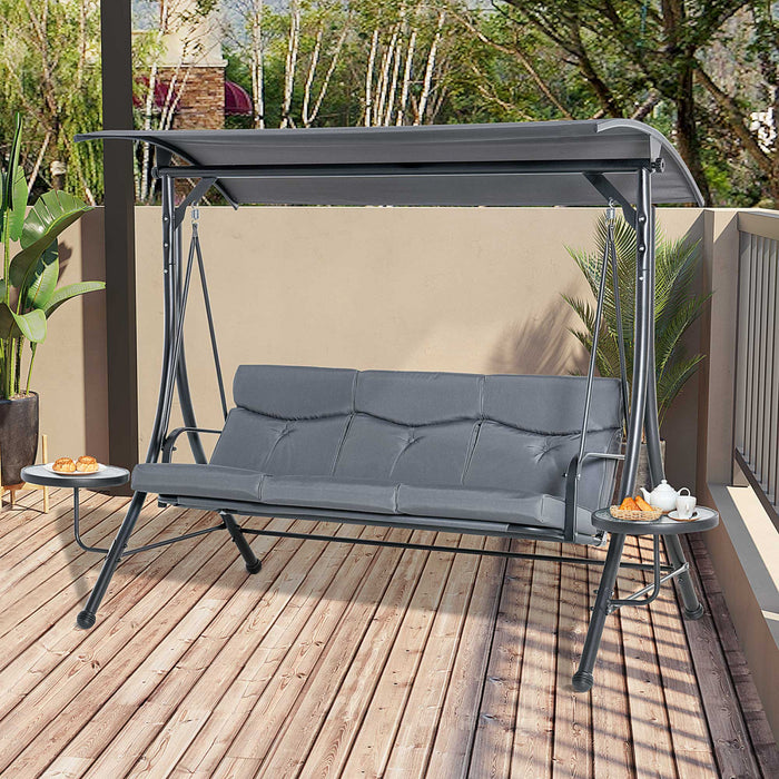 Outsunny 3 Seat Outdoor Swing Chair Steel Swing Bench Porch Swing With Adjustable Canopy, Coffee Tables And Cushion For Patio Garden, Dark Grey