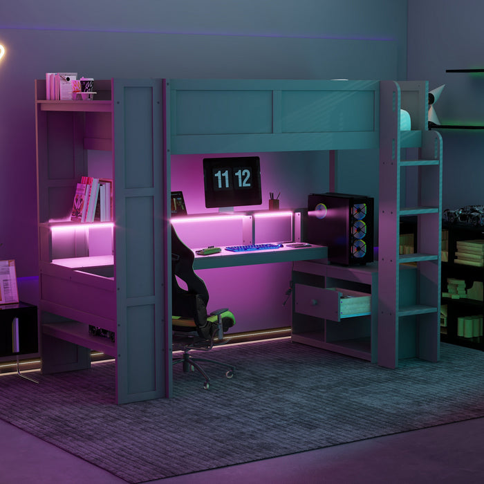 Jackson Twin Solid Wood Loft Bed With Desk, Multi-storage Shelves, Led And Charging Station, Dark Grey