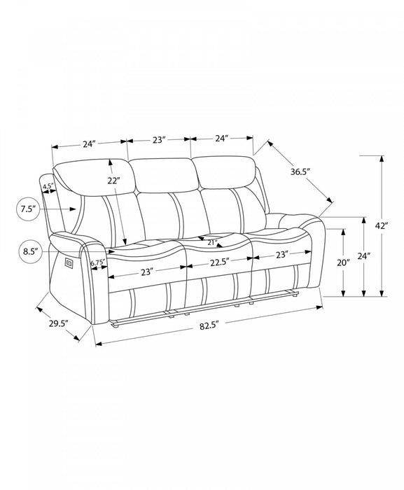 3-Seater Power Reclining Sofa, 83\" Wide, Usb Port Included, Brown Leather-Look Recliner