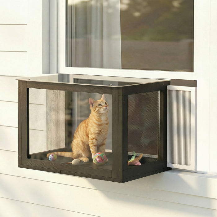 PawHut Acrylic Cat Window Catio, Catio Outdoor Enclosure with Wooden Frame, Cat Window Box with Waterproof Roof for Sunbathing, Napping, Enjoying The Outdoor Sight, for 25\"–41\"