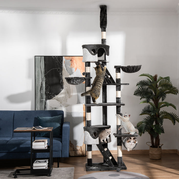 Pawhut Cat Tower For Large Cats Adult, Floor To Ceiling Cat Tree Adjustable Height 94\"-102\" Multi-level With Scratching Posts, Cozy Hammock, Dangling Ball Toy, White