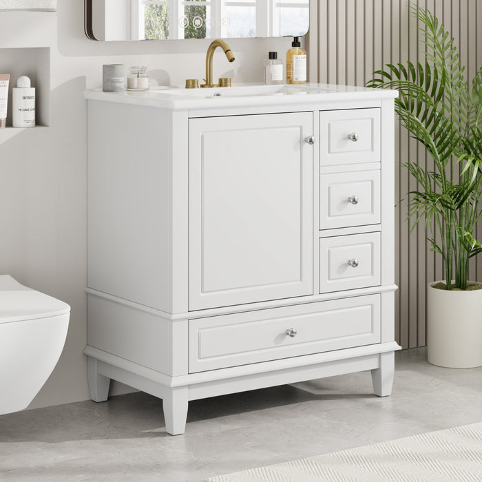 Emma 30\" Solid Wood Bathroom Vanity with Ceramic Sink and Soft-Close Door, White