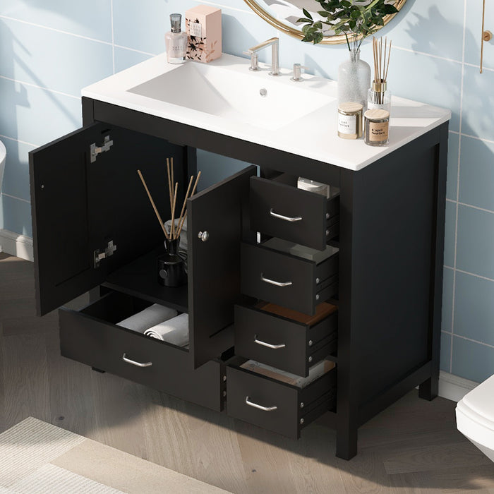 Derek 36 Inch Modern Bathroom Vanity with Ceramic Sink & Multi Storage, Black