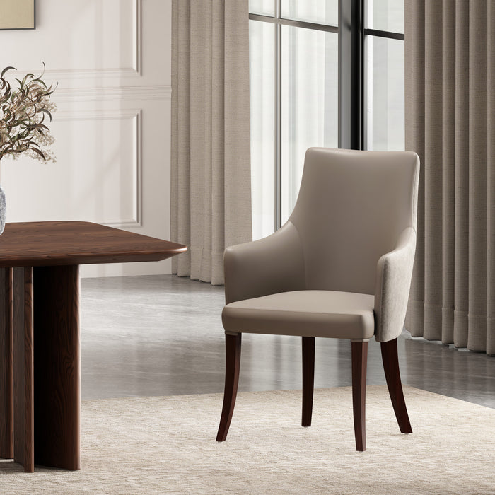 Connie Modern Wood Vegan Leather and Velvet Armchair in Taupe