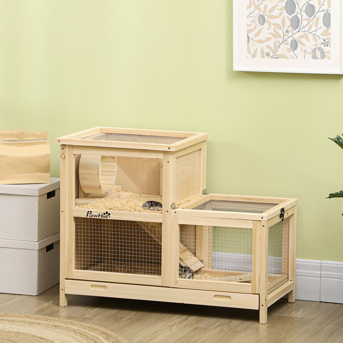 Pawhut Wooden Hamster Cage, Mice Rodent Small Animals Kit Hutch, 2 Tiers Exercise Play House, With Sliding Tray, Ladder, Seesaw, Running Wheel, Openable Roofs, 31\" X 16\" X 23.5\", Natural Wood
