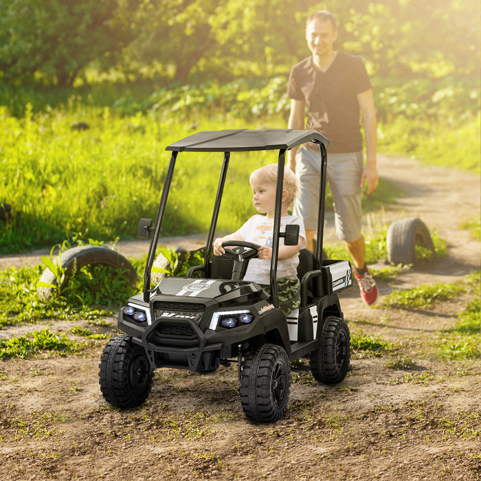 Qaba 2 Seater Electric Car For Kids, 24v Battery Powered Ride-On Kids Electric Car W/ Remote Control, 4 Wheels Spring Suspension, Soft Start, Storage, Sunshade, Music, Horn, Light, Black
