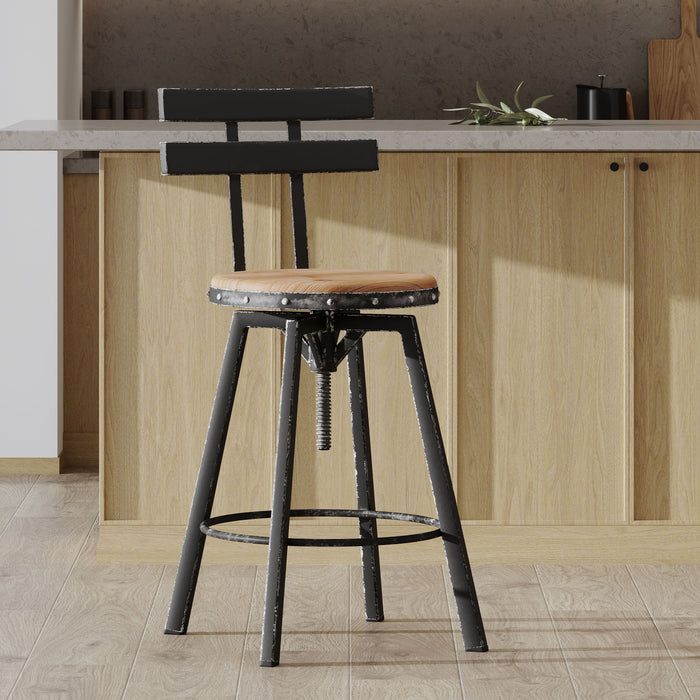 Denise Bar Stool With Swievl & Adjustable Wood Seat, Metal Frame - Antique Black