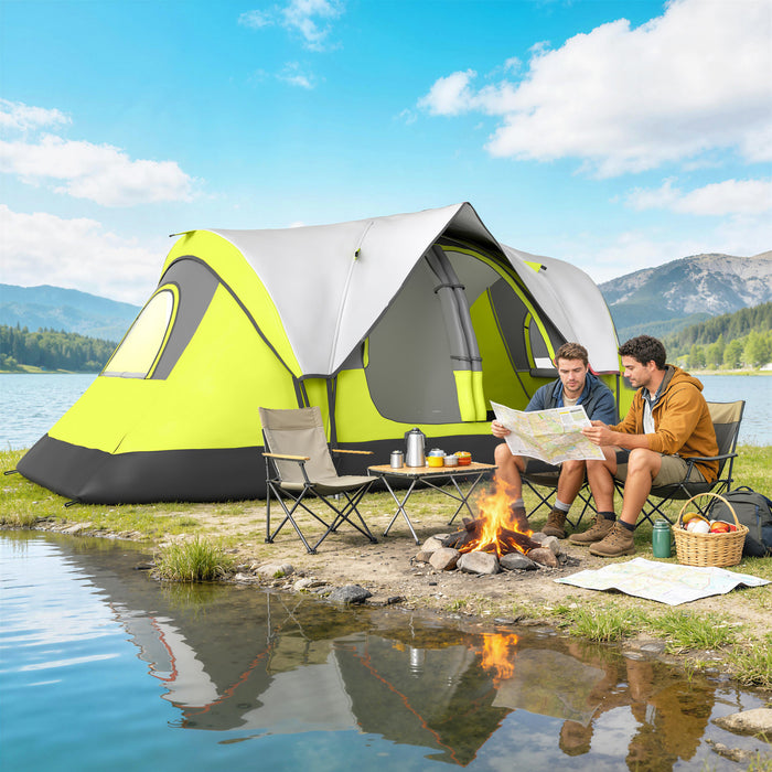 Outsunny Camping Tent, 6 Person Tent with 2 Bedroom, Rainfly, Green