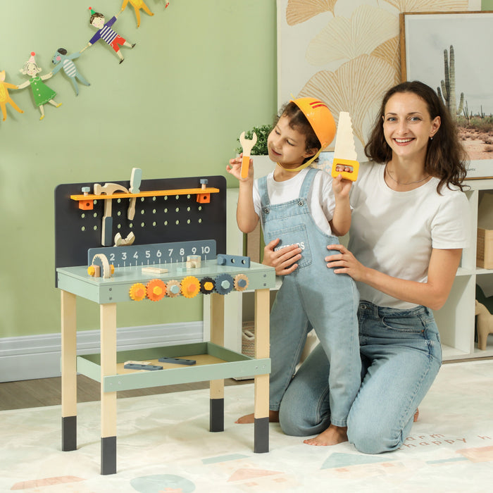 Qaba Kids Workbench, Kids Tool Set, 49 Piece Kids Tool Bench, Pretend Play Construction Workshop Toys Education Gift For Boys Girls 3-6 Years, Light Blue