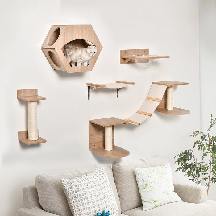 Pawhut Cat Tree 5pcs Pet Wall-mounted Climbing Frame Shelf Set Kitten Perch Activity Center With Hammock, Scratching Post, Jumping Platform, Condo Light Brown