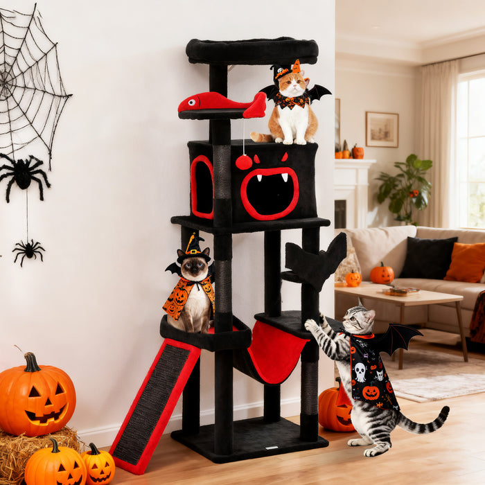 PawHut Gothic Cat Tree, 60\" Multi-Level Cat Tower for Indoor Kittens Large Adult with Coffin Bed, Sisal Scratching Posts & Ramp, Condo, Hammock, Perches, Dangling Toys, Black