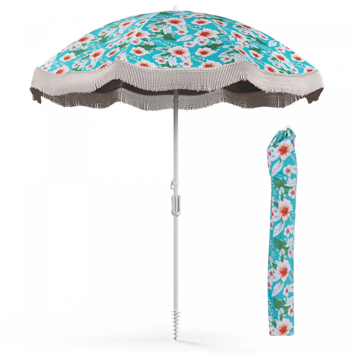 Goplus 6.5 FT Outdoor Fringe Patio Umbrella with Carrying Bag Push Button Tilt for Garden Green