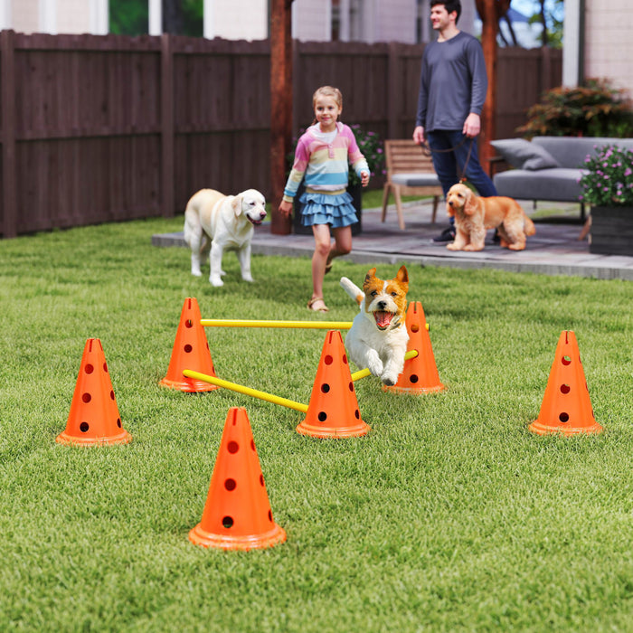 PawHut Dog Agility Hurdle Cone Set, Adjustable Obstacle Course Equipment with 6 Cones & 6 Poles, Portable Canine Agility Training Set with Carry Bag, Orange