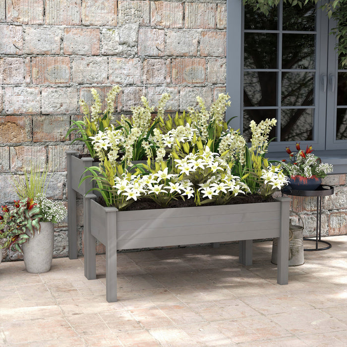 Outsunny 2 Tiers Raised Garden Bed, Wooden Elevated Planter Box With Legs Gardening Planting Bed With 2 Compartments For Flower Vegetable Herb Grow, Grey