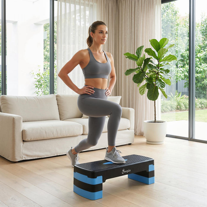 Soozier Aerobic Exercise Step Platform, 4\"/6\"/8\" Height Adjustable Aerobic Stepper with Risers, Workout Stepper for Home Gym, Men, Women, Cardio Fitness, Strength Training, Blue