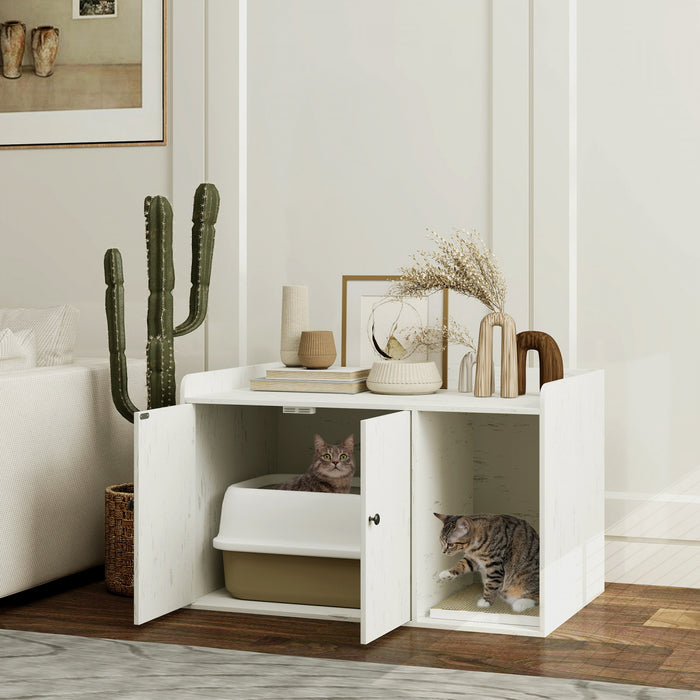 Pawhut Litter Box Enclosure, 32\" Hidden Washroom Furniture With Scratching Mat, Cat Entrance, Indoor Pet House, Side End Table Fit Most Of Cat And Litter Box, Distressed White