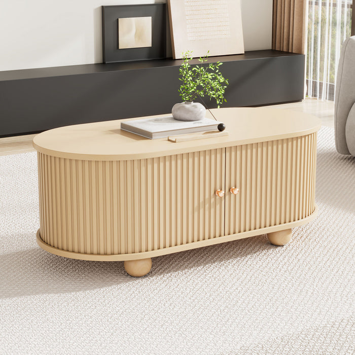Ethan Oval Coffee Table with Sliding Doors and Hidden Storage,Natural Wood