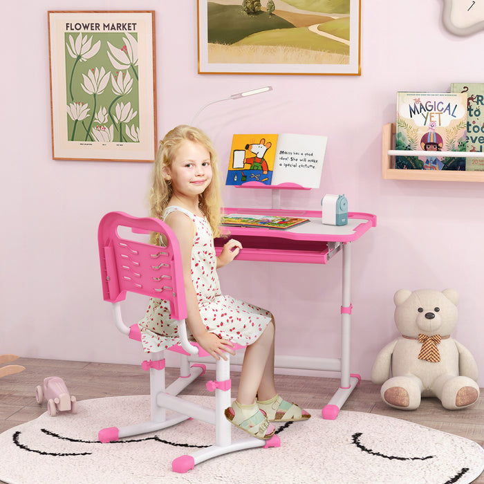 Qaba Kids Desk And Chair Set Height Adjustable Student Writing Desk Children School Study Table With Tilt Desktop, Led Lamp, Pen Box, Drawer, Reading Board, Cupholder, Pink