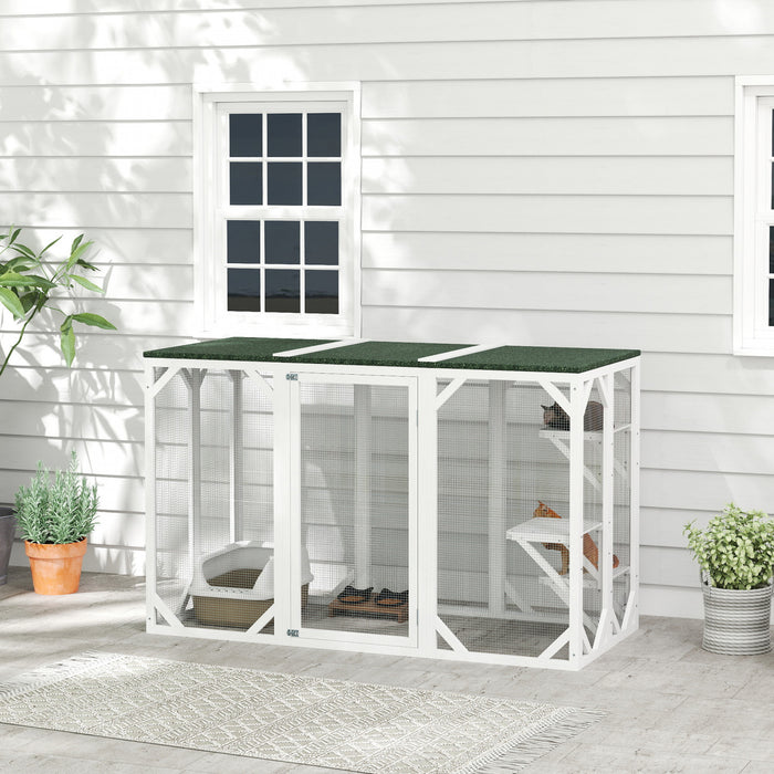 Pawhut Cat Cage Indoor Catio Outdoor Cat Enclosure Pet House Small Animal Hutch For Rabbit, Kitten, Crate Kennel With Waterproof Roof, Multi-level Platforms, Lock, White