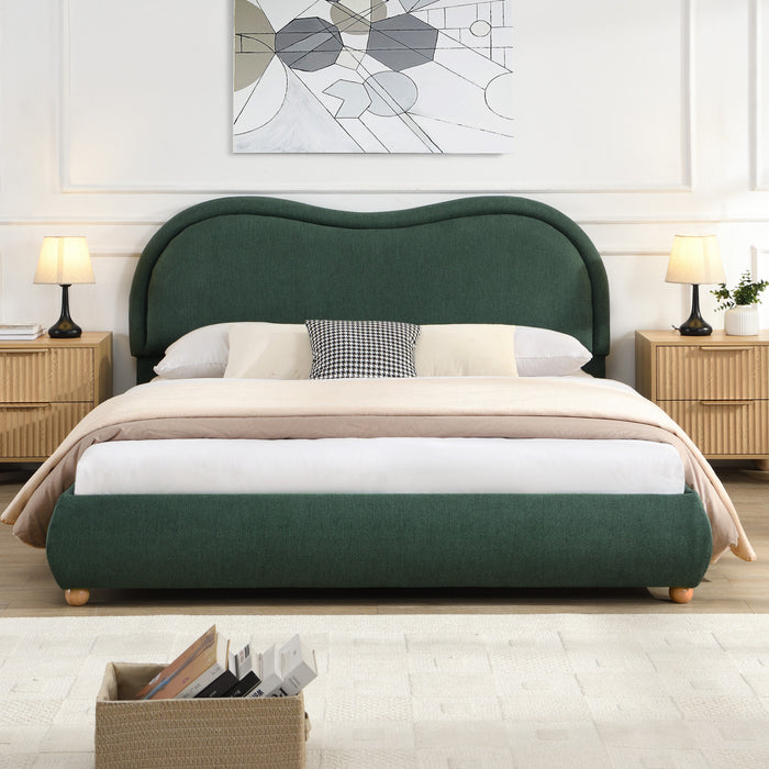 Olivia Upholstered Platform Bed Frame with Curved Headboard,Queen Size,Green Queen Bed