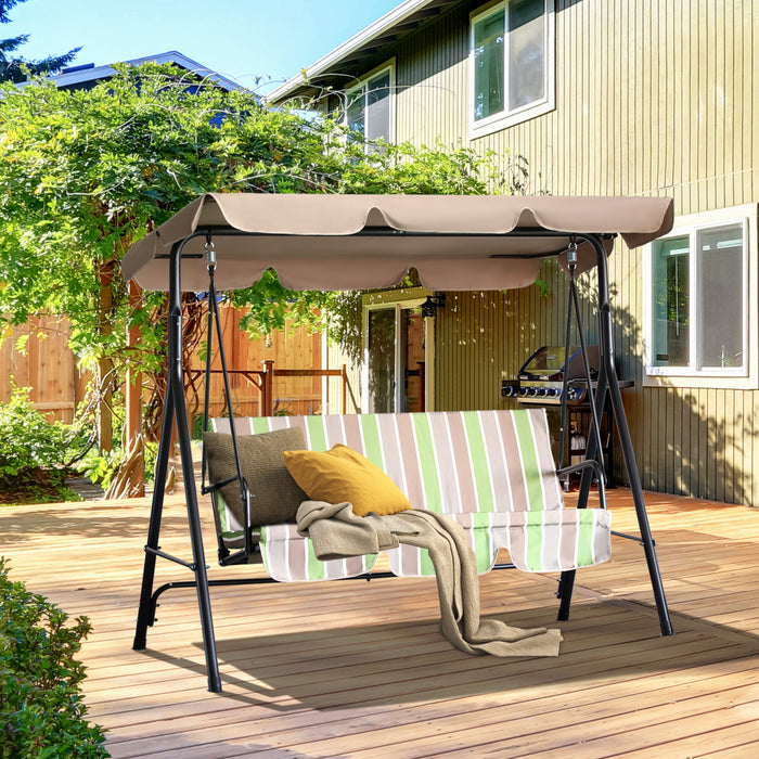 Outsunny 3-seat Patio Swing Chair, Outdoor Porch Swing Glider With Adjustable Canopy, Removable Cushion, And Weather Resistant Steel Frame, For Garden, Poolside, Green Stripes