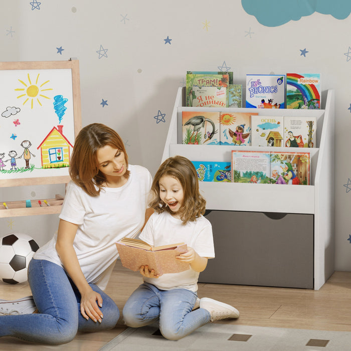 Qaba Kids Bookshelf, Bookcase Toy Storage Organizer With 3 Tier Display Shelves, Drawer, For Nursery, Bedroom, Living Room, Classroom, Grey