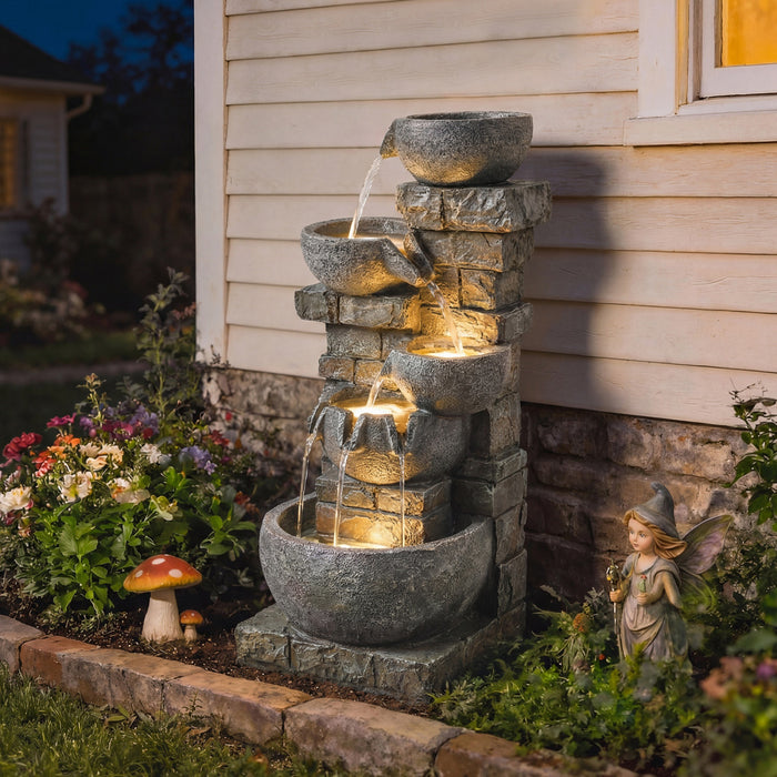 Outsunny 5 Tiers Outdoor Water Fountain with LED Lights for Garden, Grey